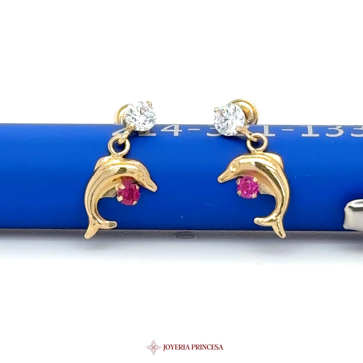 14K Dolphin Stud Earrings with Ruby and CZ