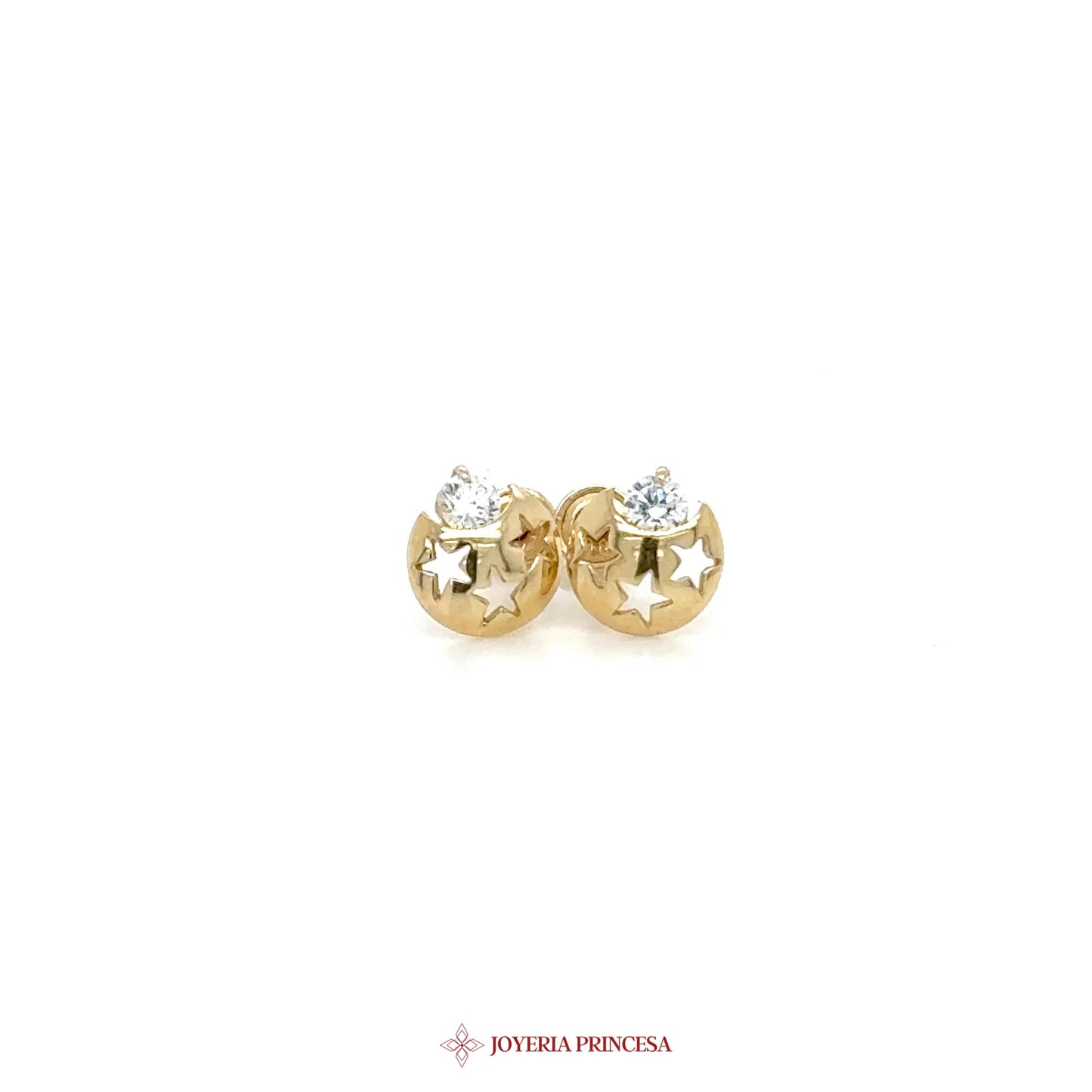 14K Gold Star and Moon Stud Earrings with CZ Stones