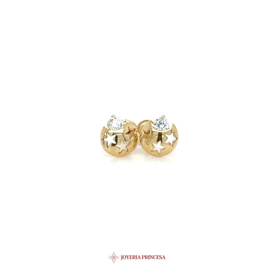 14K Gold Star and Moon Stud Earrings with CZ Stones