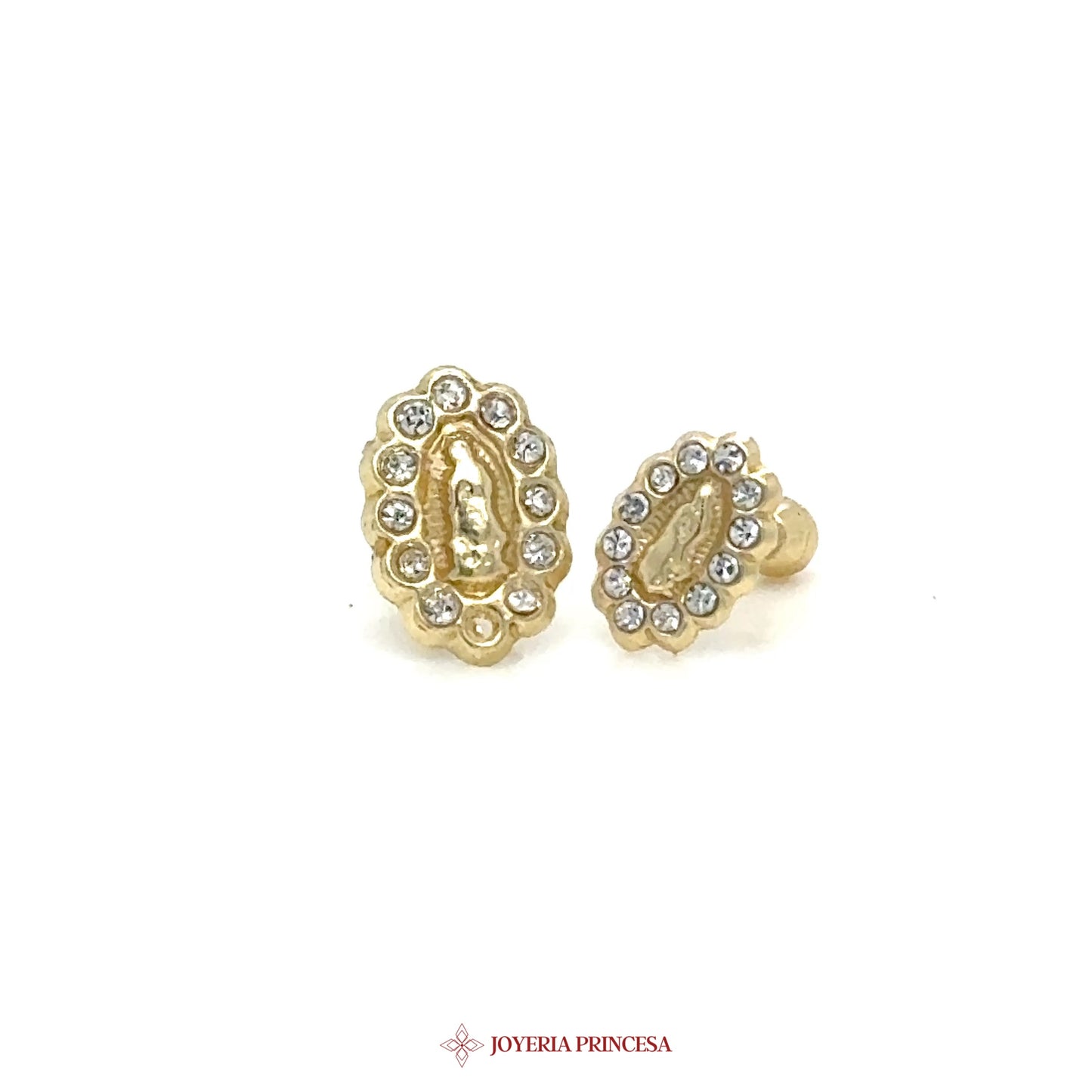 10K Gold Oval Virgen Maria Stud Earrings with Cubic Zirconia