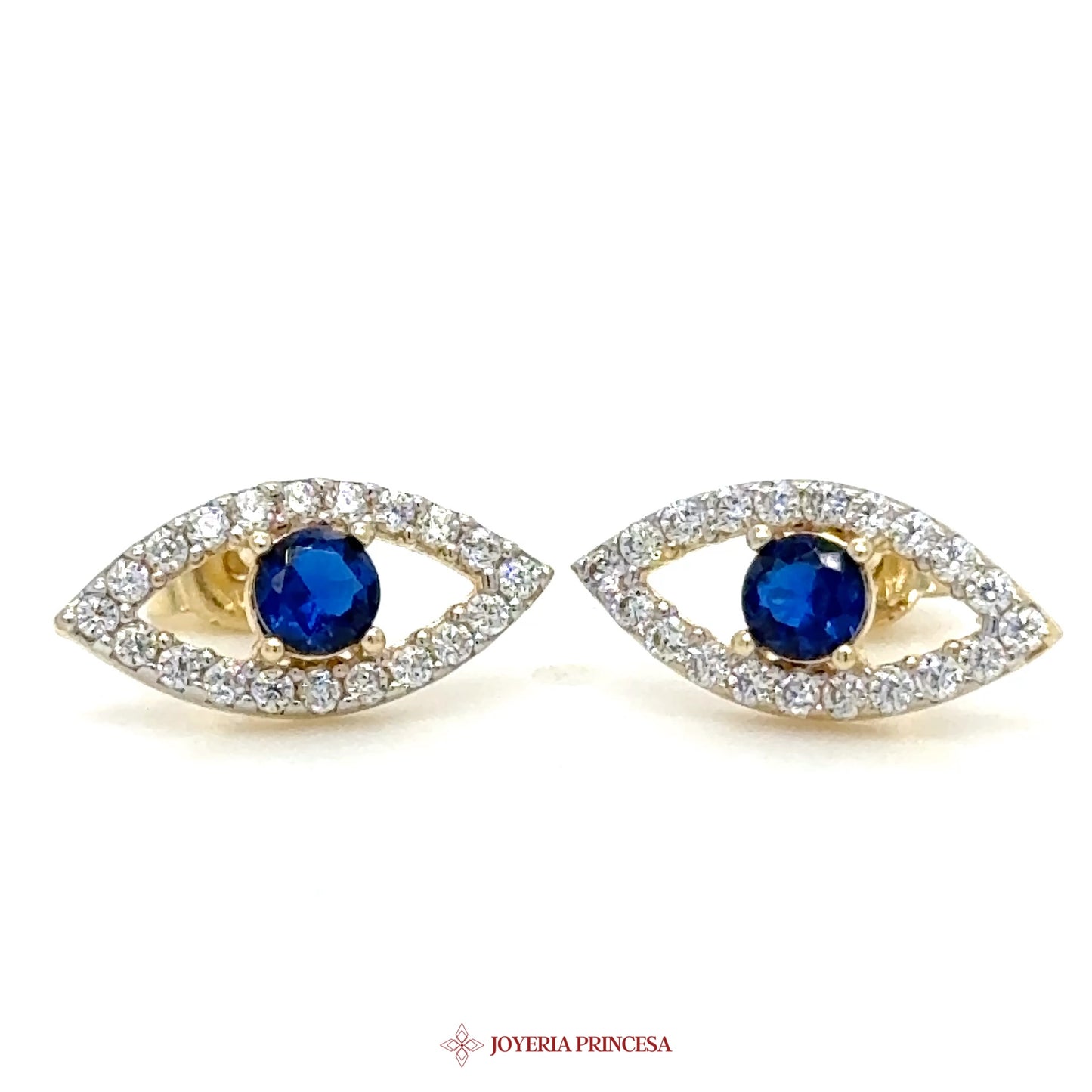 14K Gold Evil Eye Stud Earrings with Blue Stones