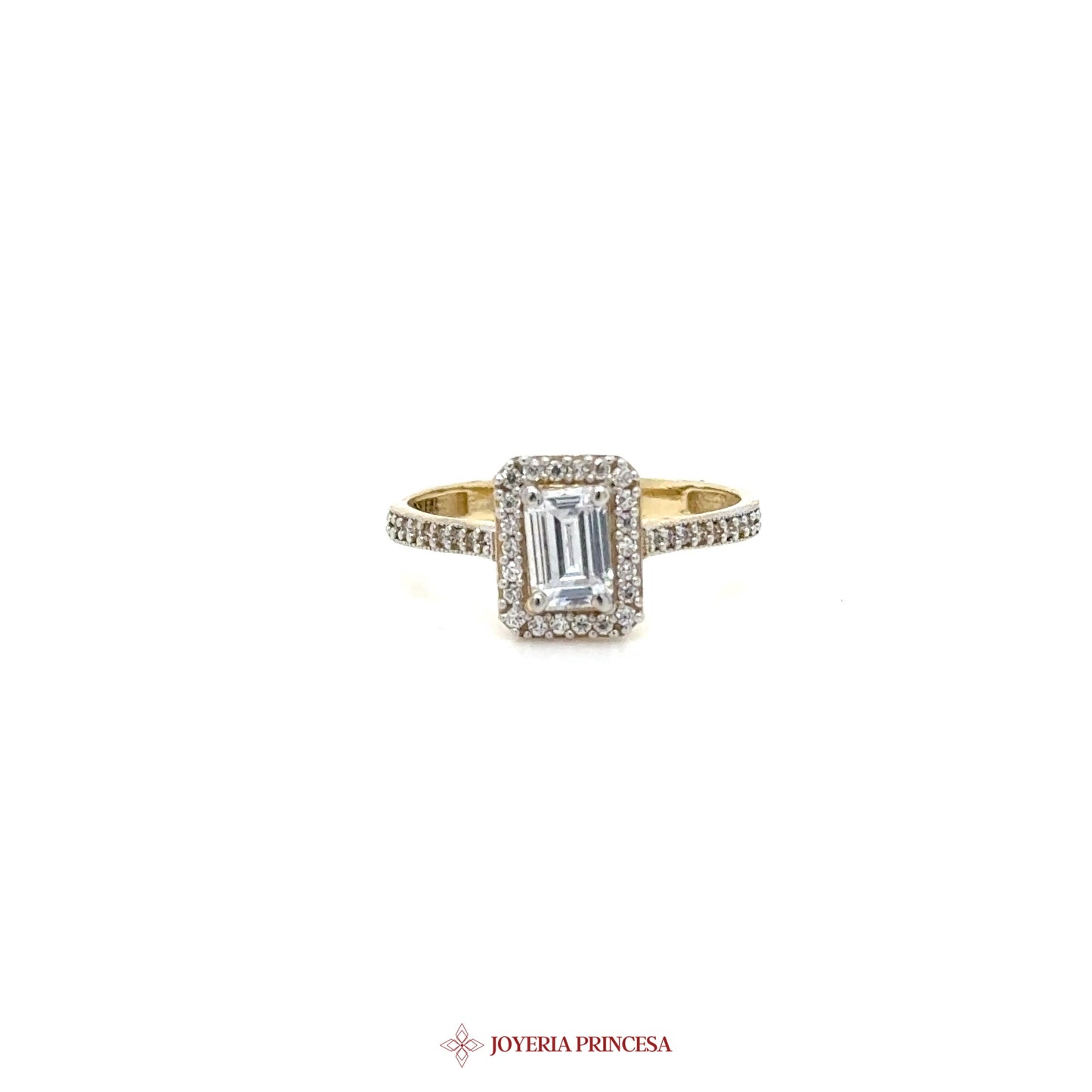 14K Gold Engagement Ring with Emerald Cut CZ and Halo