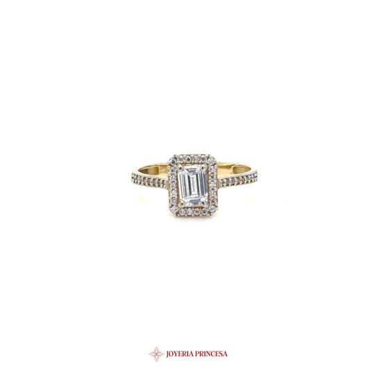 14K Gold Engagement Ring with Emerald Cut CZ and Halo