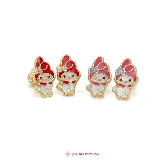 14K Enamel Cute Character Stud Earrings with Red and Pink Motif