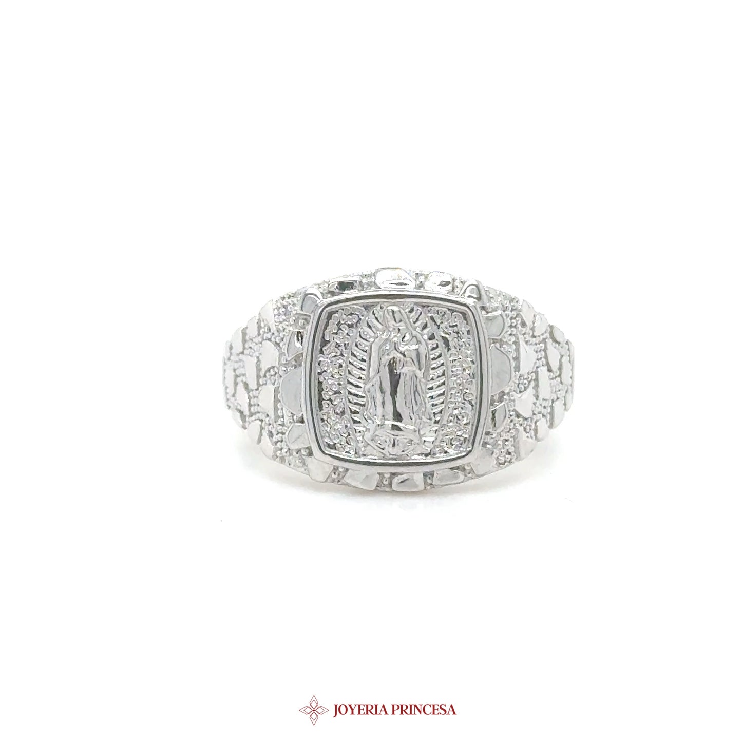 Silver Virgen de Guadalupe Ring with Nugget Design