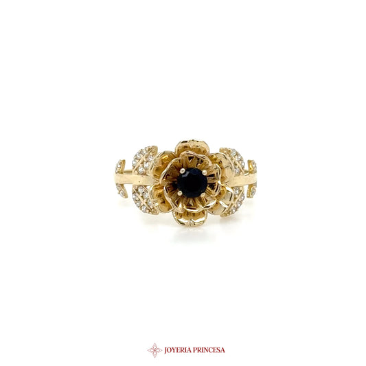 14K Floral Motif Ring with Black Center Stone and CZ Accents