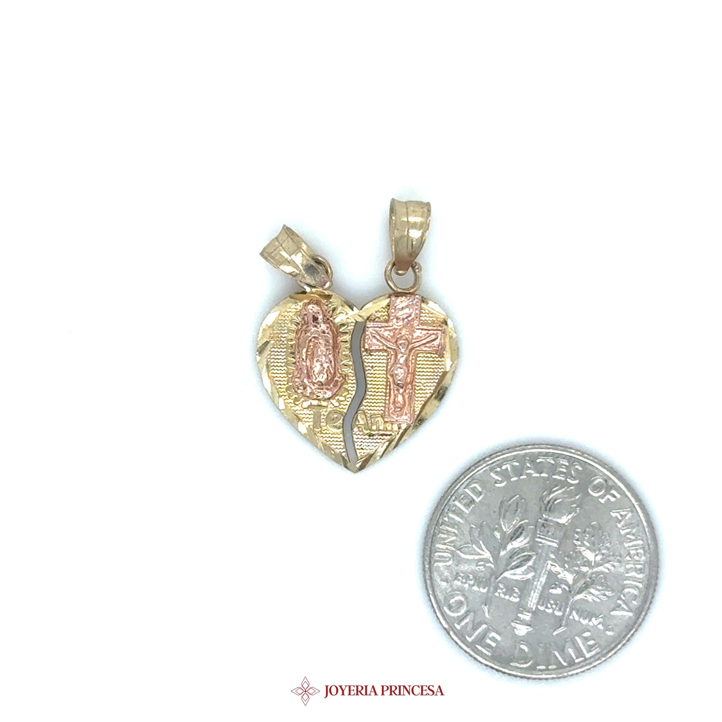 14K Virgin Mary & Cross Heart Pendant