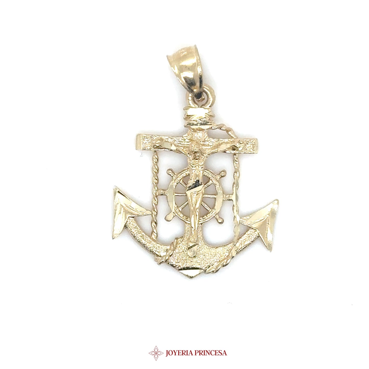 14K Gold Crucifix Anchor Pendant with Wheel Motif