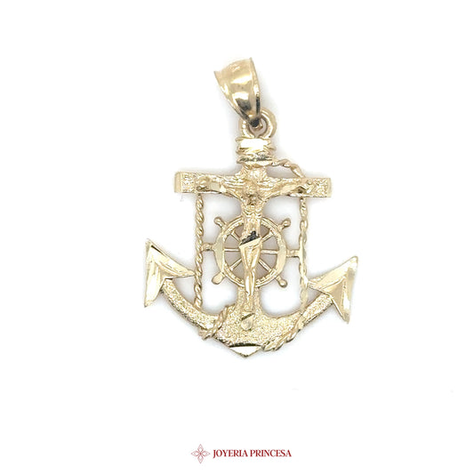 14K Gold Crucifix Anchor Pendant with Wheel Motif