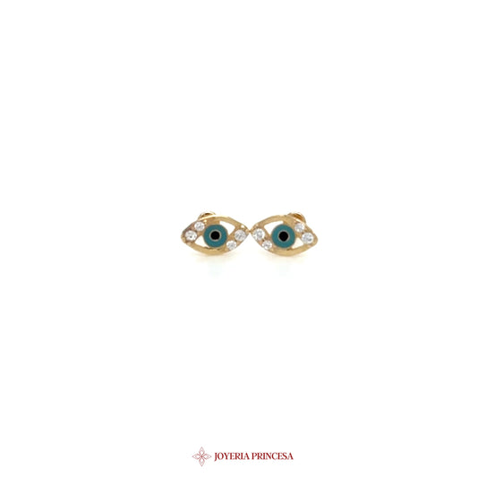 10K Gold Evil Eye Stud Earrings with CZ Stones