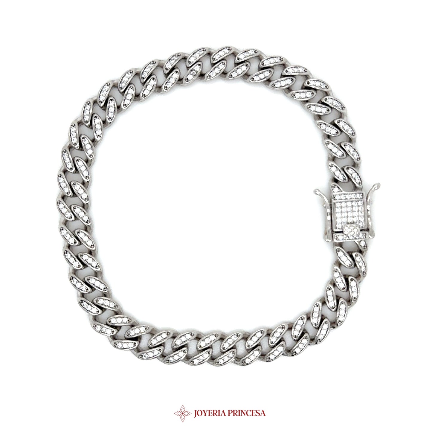 8.5in 8mm Silver Bracelet with Bold Link Design and Simulated Stones