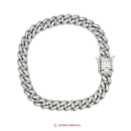 8.5in 8mm Silver Bracelet with Bold Link Design and Simulated Stones