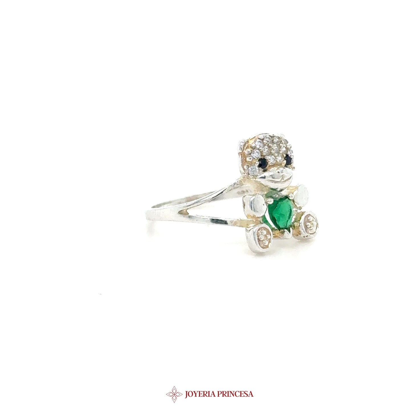Silver Bear Motif Ring with Green Stone and CZ Accents