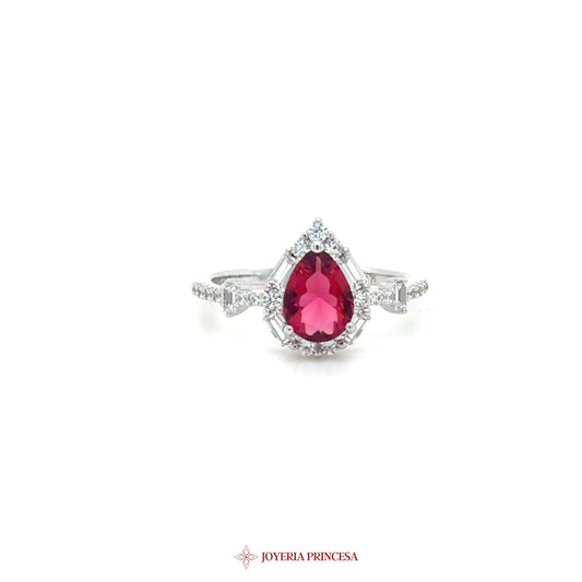 Silver Ring with Pear-Shaped Ruby and Simulated Diamonds