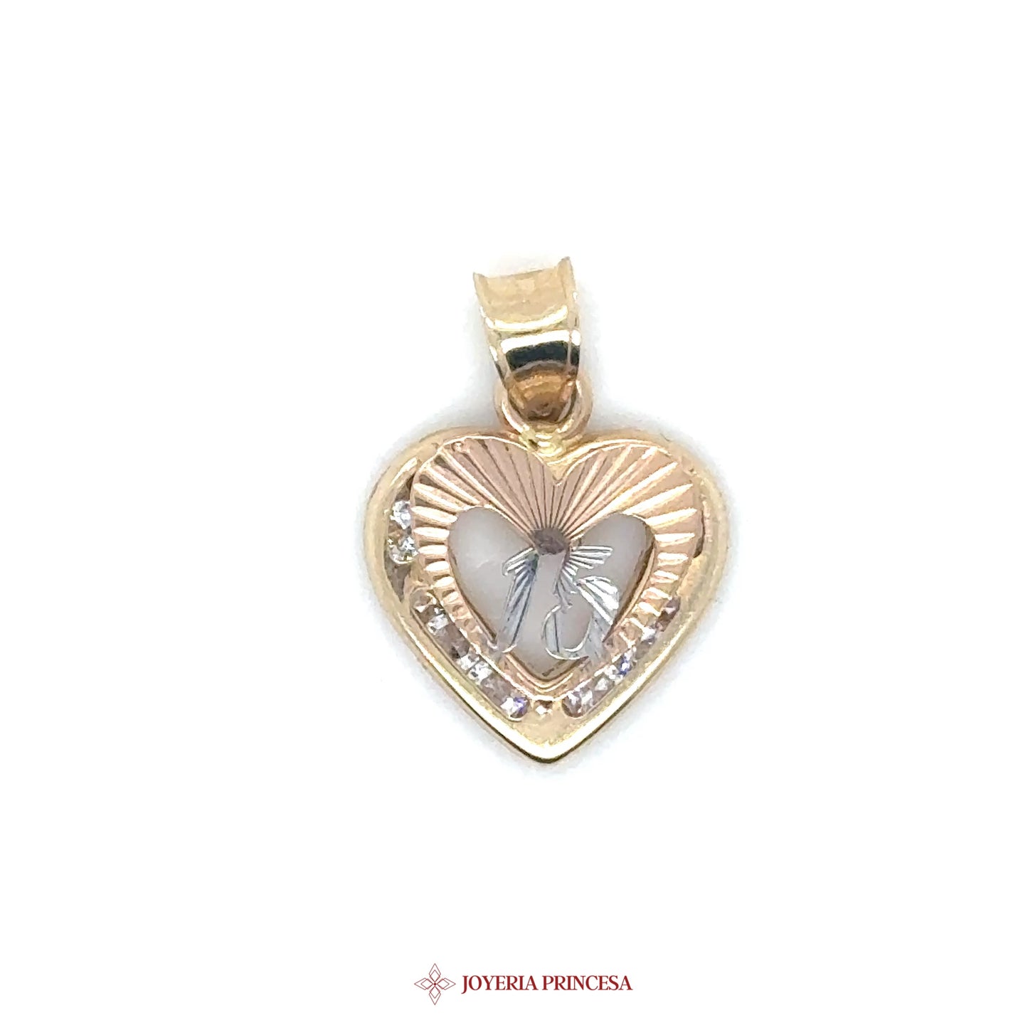 14K Heart Pendant with Quinceañera Motif and CZ Stones