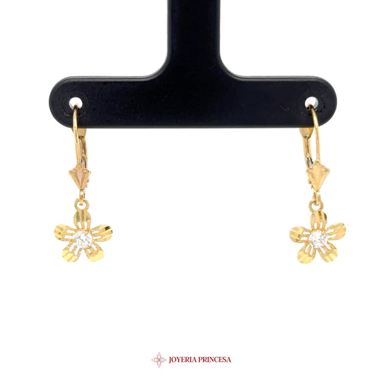 14K Gold Floral Dangle Earrings with CZ Stones