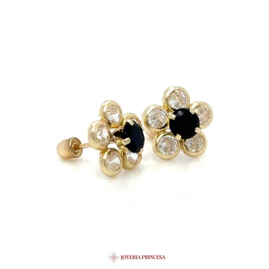 14K Gold Flower Stud Earrings with Black and Clear Stones