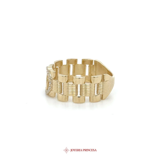 14K Gold Textured Band Ring with Decorative Motif