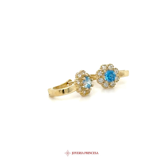 14K Gold Floral Motif Earrings with Blue Stones