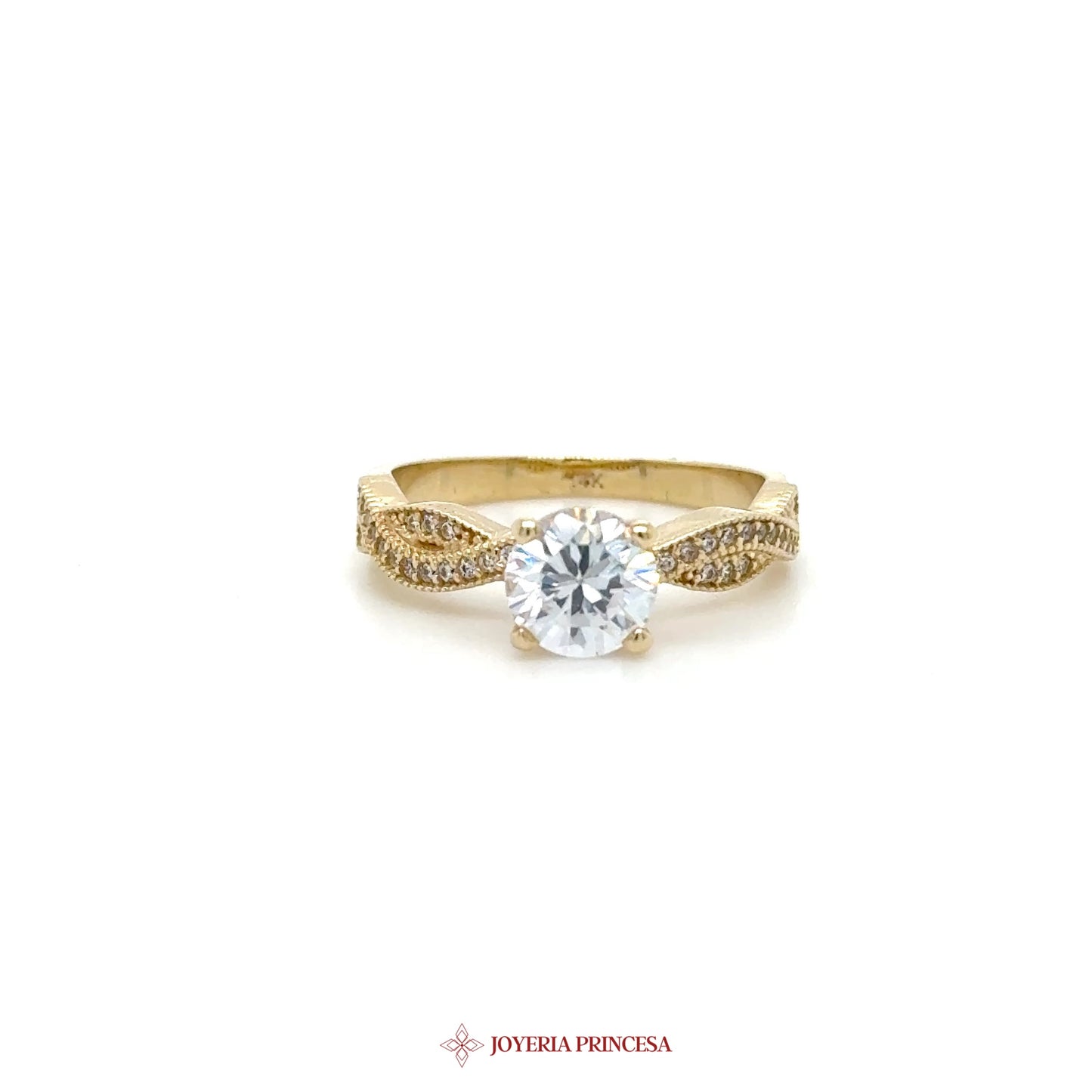 14K Gold Engagement Ring with Round CZ and Twisted Band