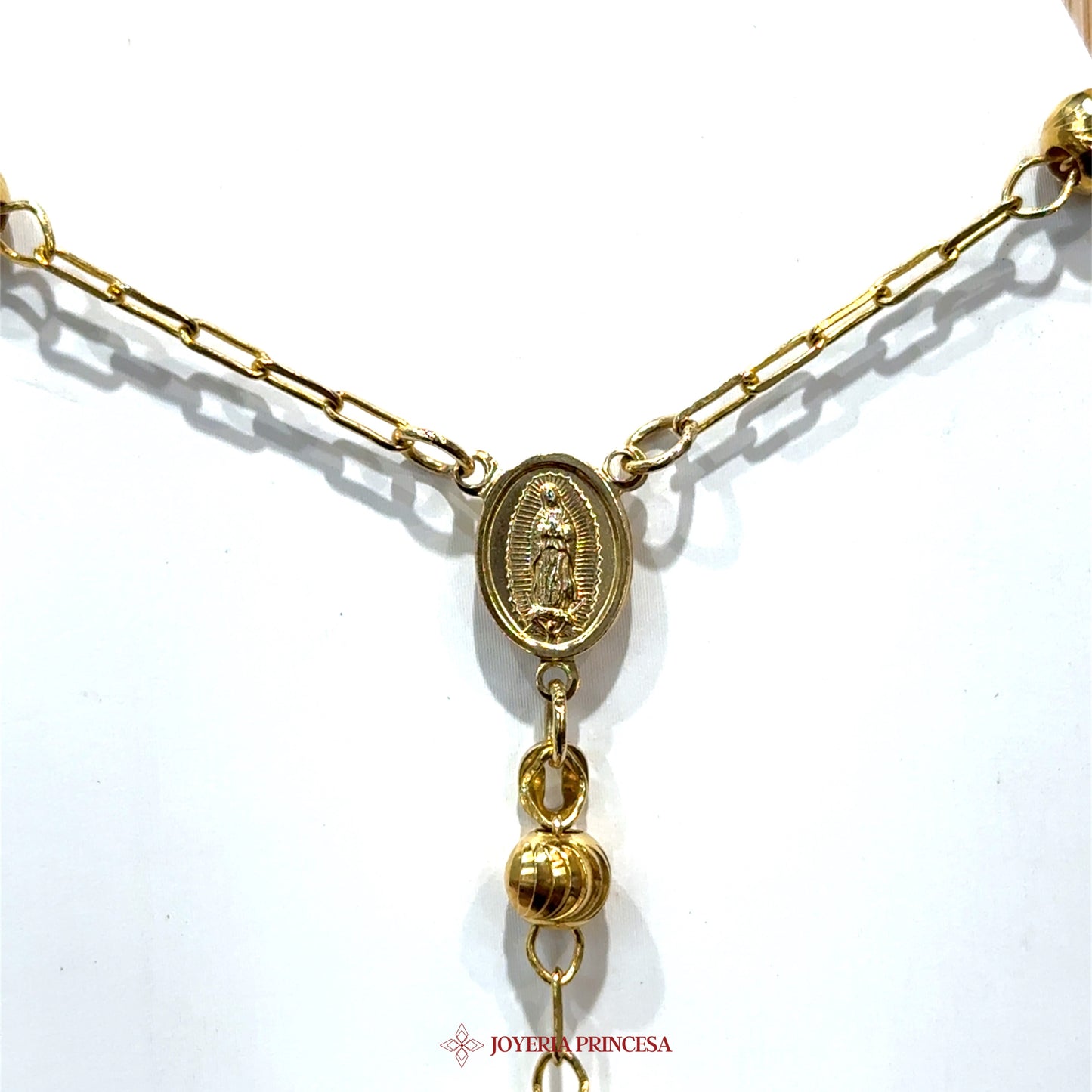 14K Gold Rosary Necklace with Virgen de Guadalupe Motif