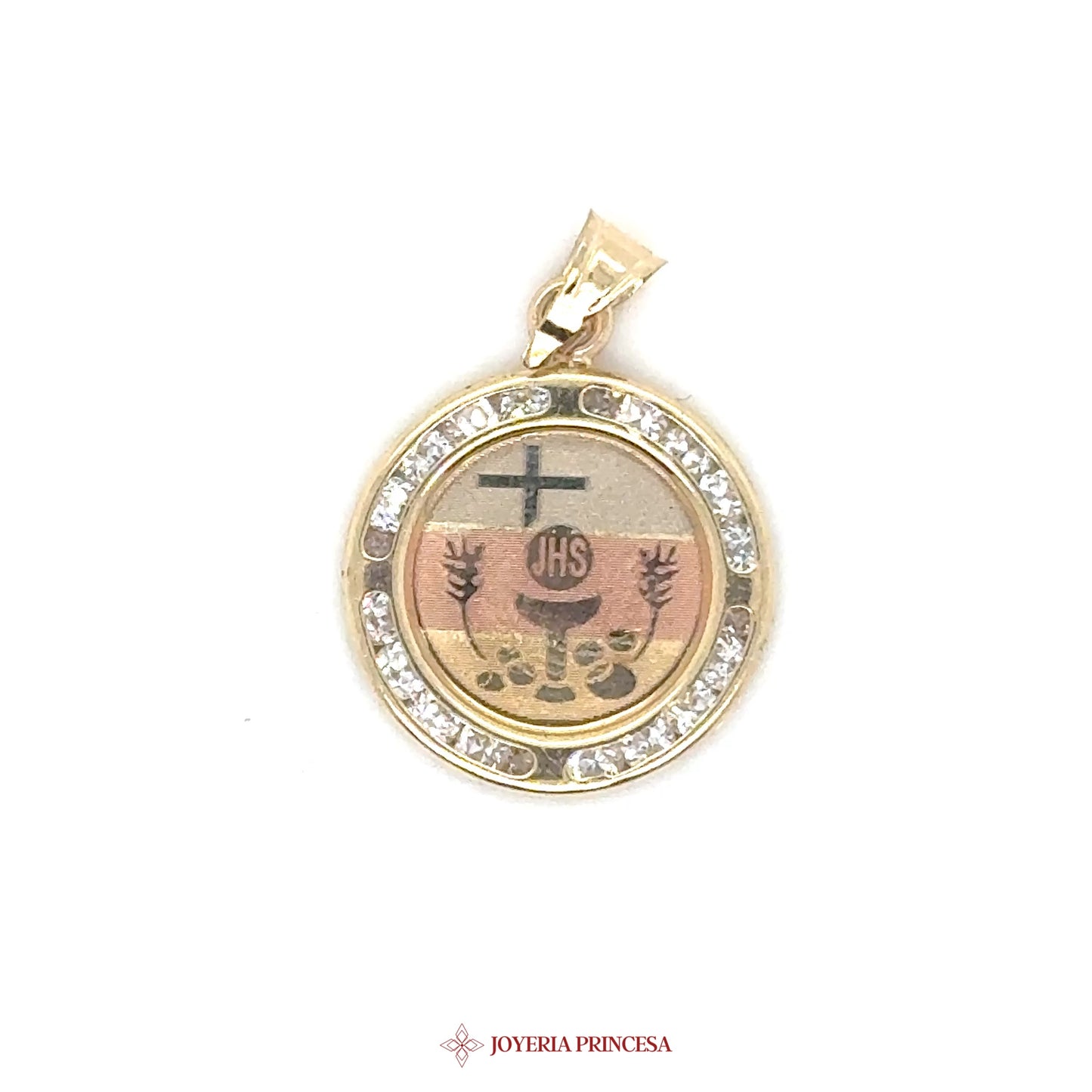 14K Primera Comunión Pendant with JHS Motif and CZ Stones