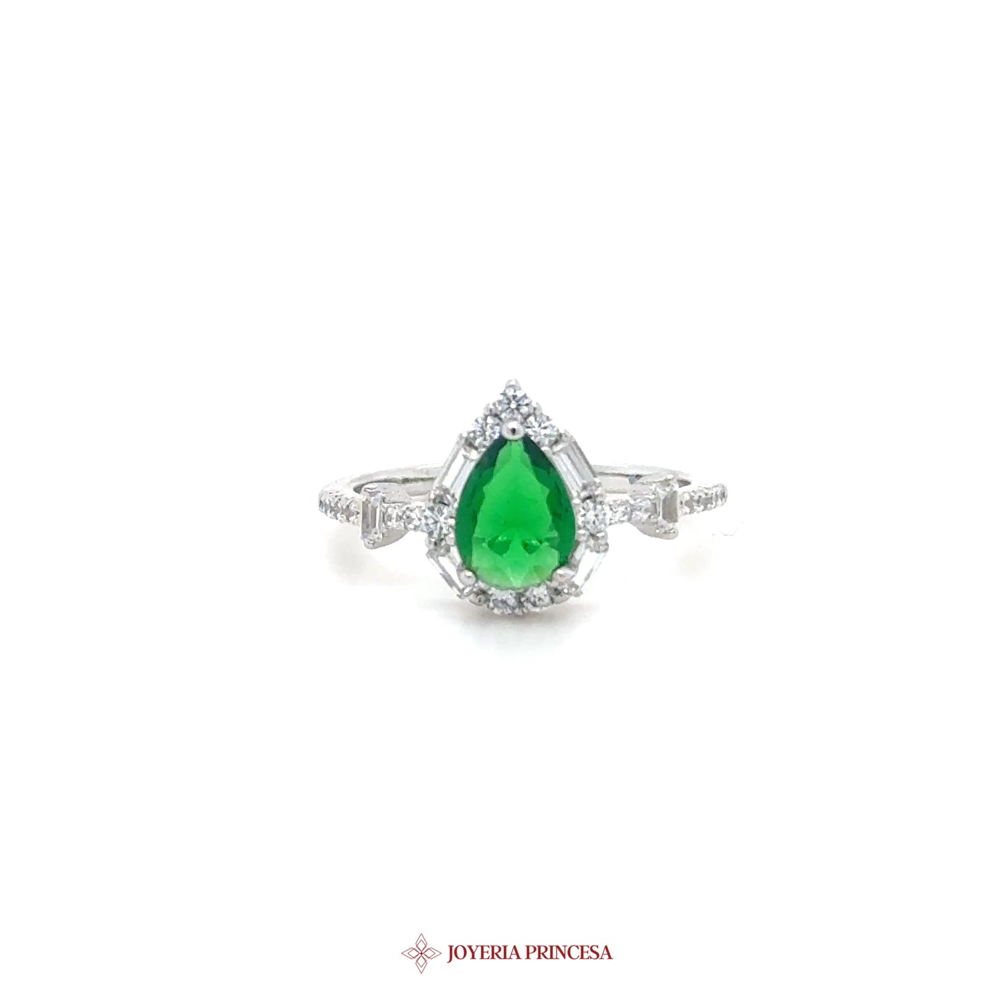 Silver Ring with Green Pear-Shaped Stone and CZ Accents