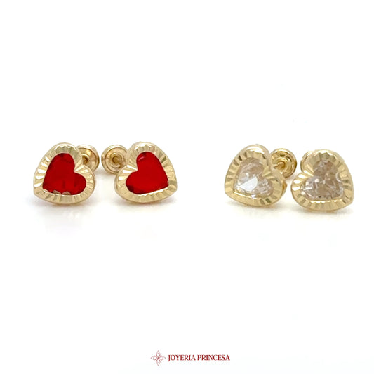 14K Gold Heart Stud Earrings with Red and Clear Stones