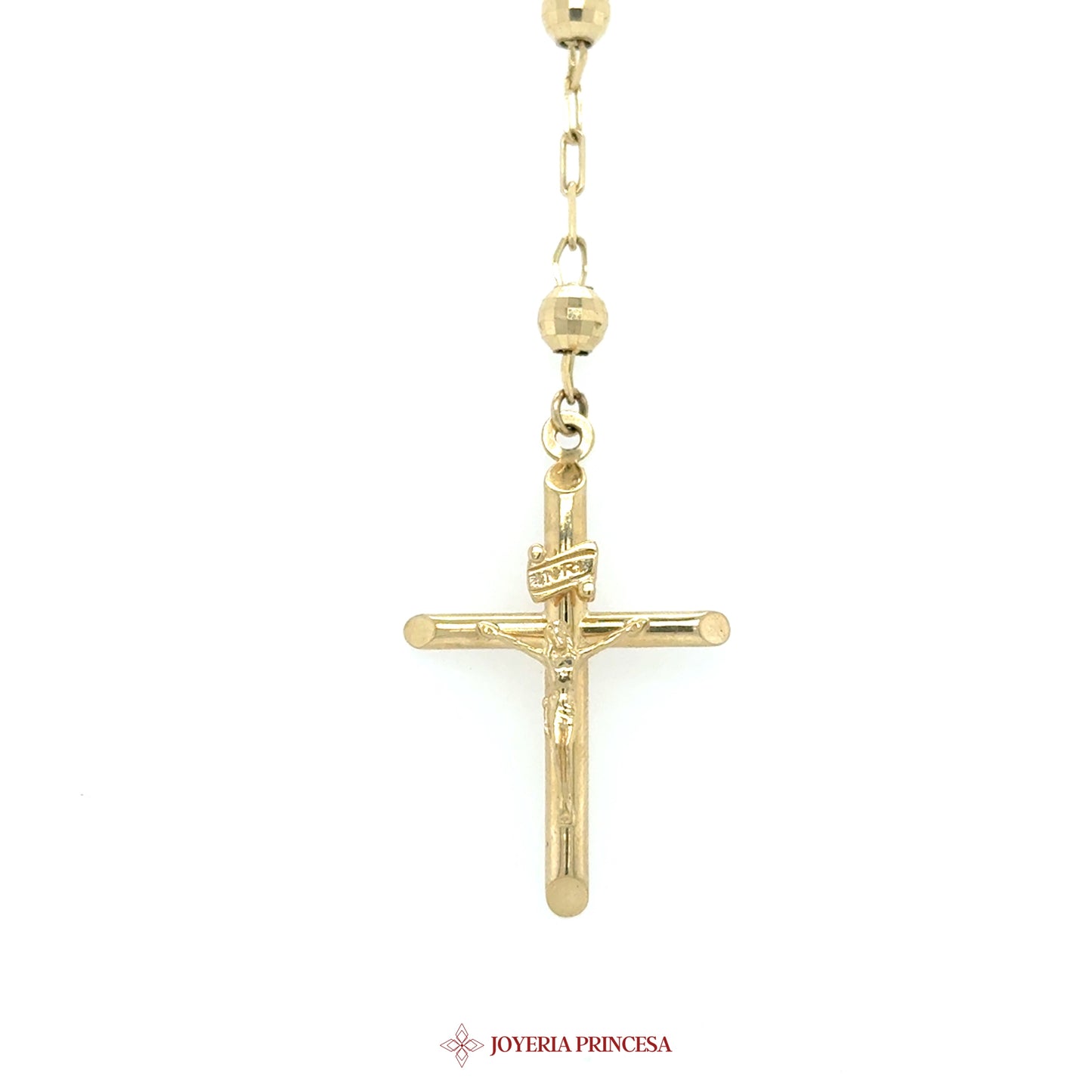 14K 22in 5mm Gold Rosary Necklace with Jesus Cross Motif