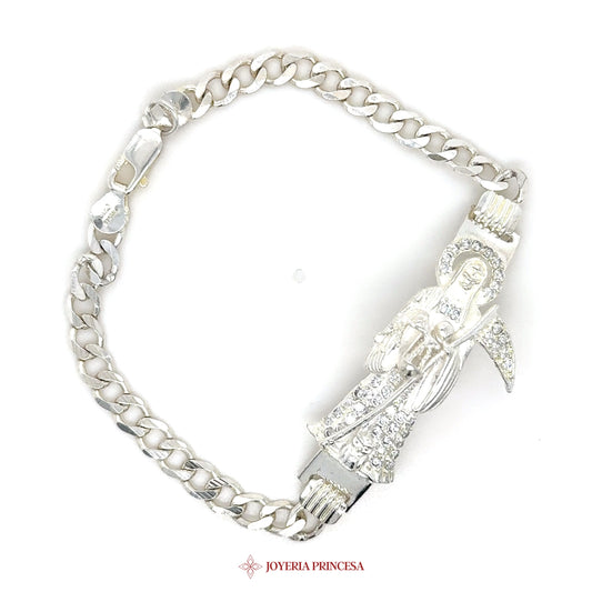 Silver Santa Muerte Bracelet with CZ Stones