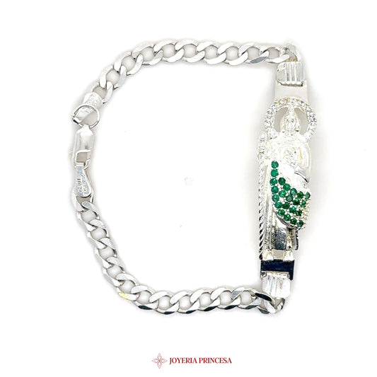 San Judas Silver Bracelet with Green Stones