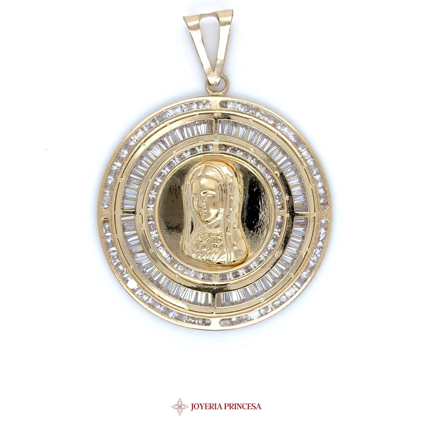 10K Gold Virgen De Guadalupe Pendant with Round Baguette Design