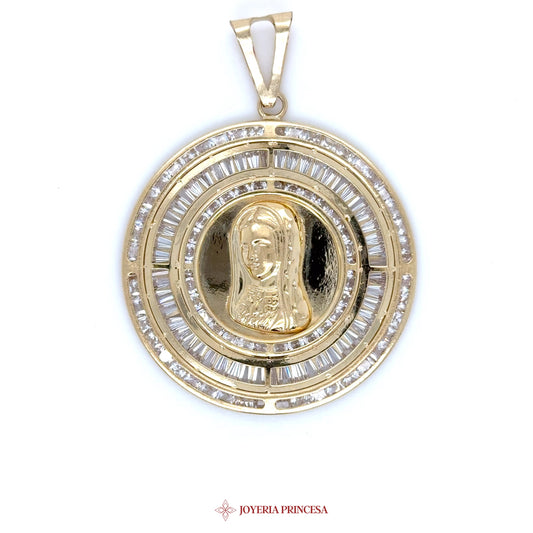 10K Gold Virgen De Guadalupe Pendant with Round Baguette Design