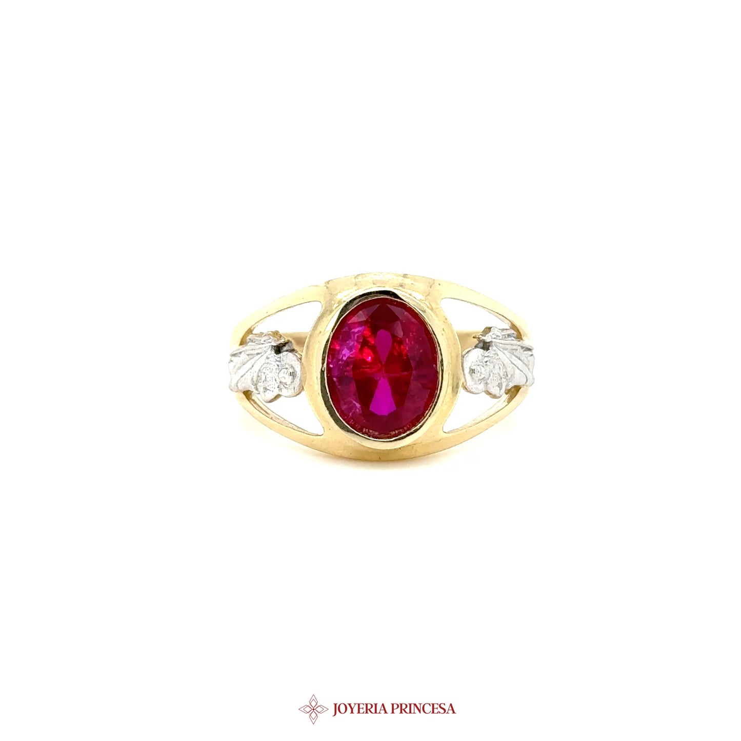 10K Gold San Judas Ring with Oval Ruby and Leaf Motif
