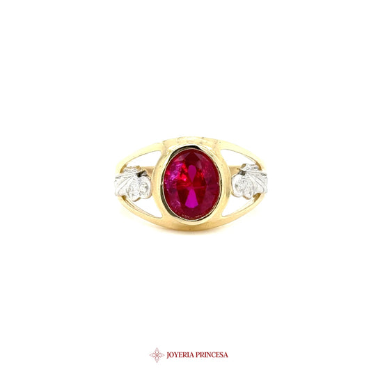 10K Gold San Judas Ring with Oval Ruby and Leaf Motif