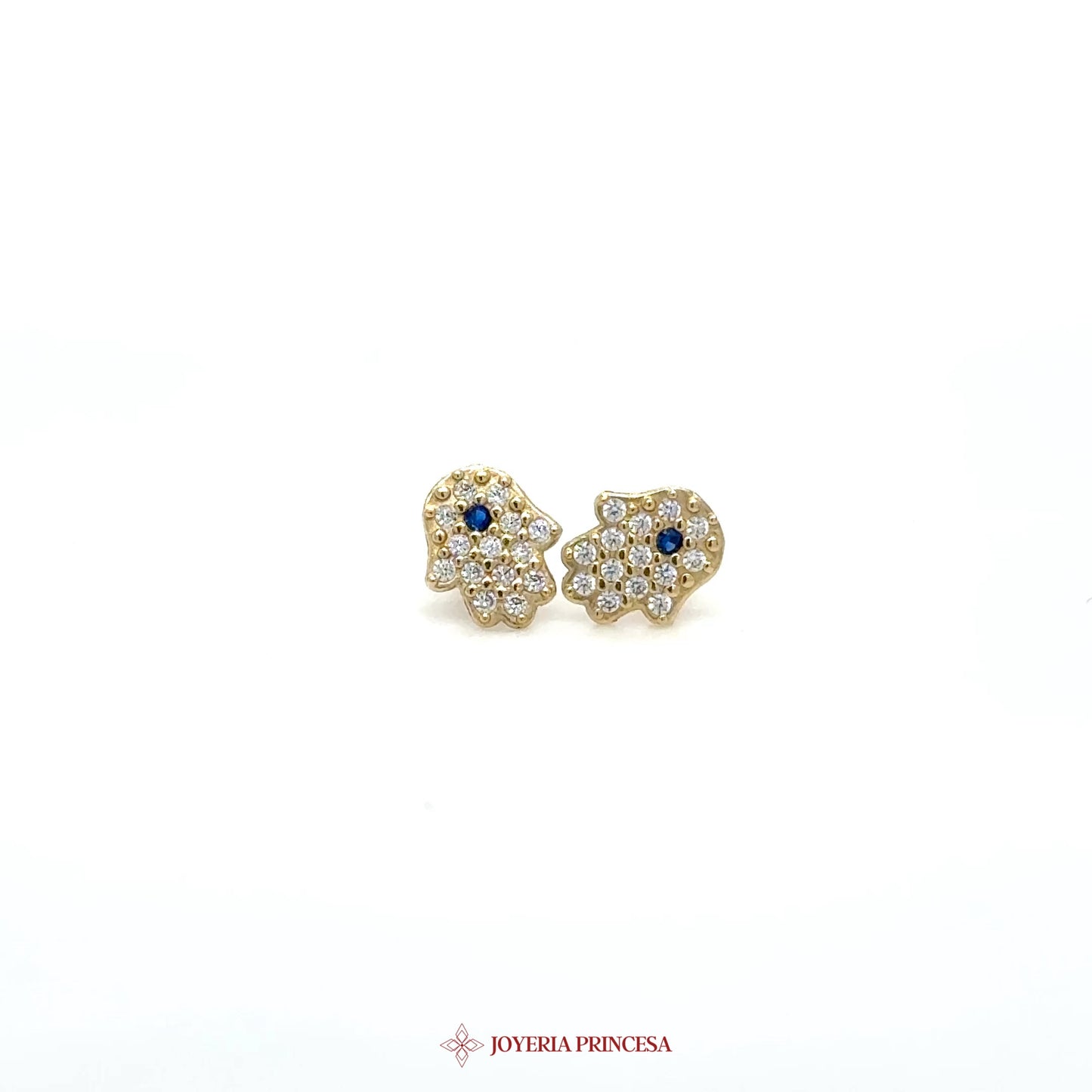 10K Gold Hamsa Stud Earrings with CZ and Blue Stone