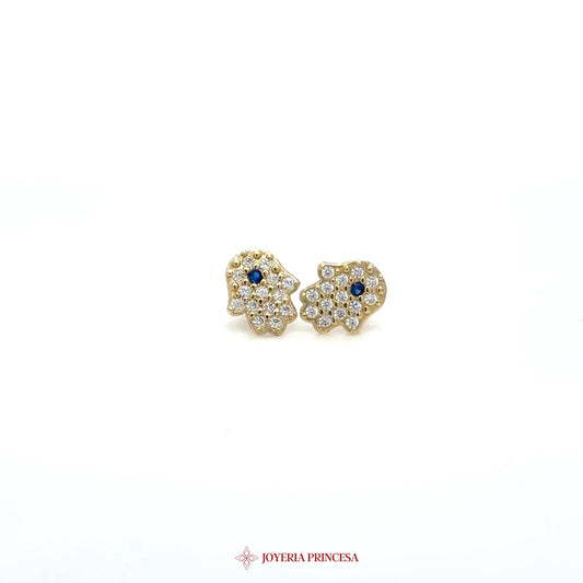 10K Gold Hamsa Stud Earrings with CZ and Blue Stone