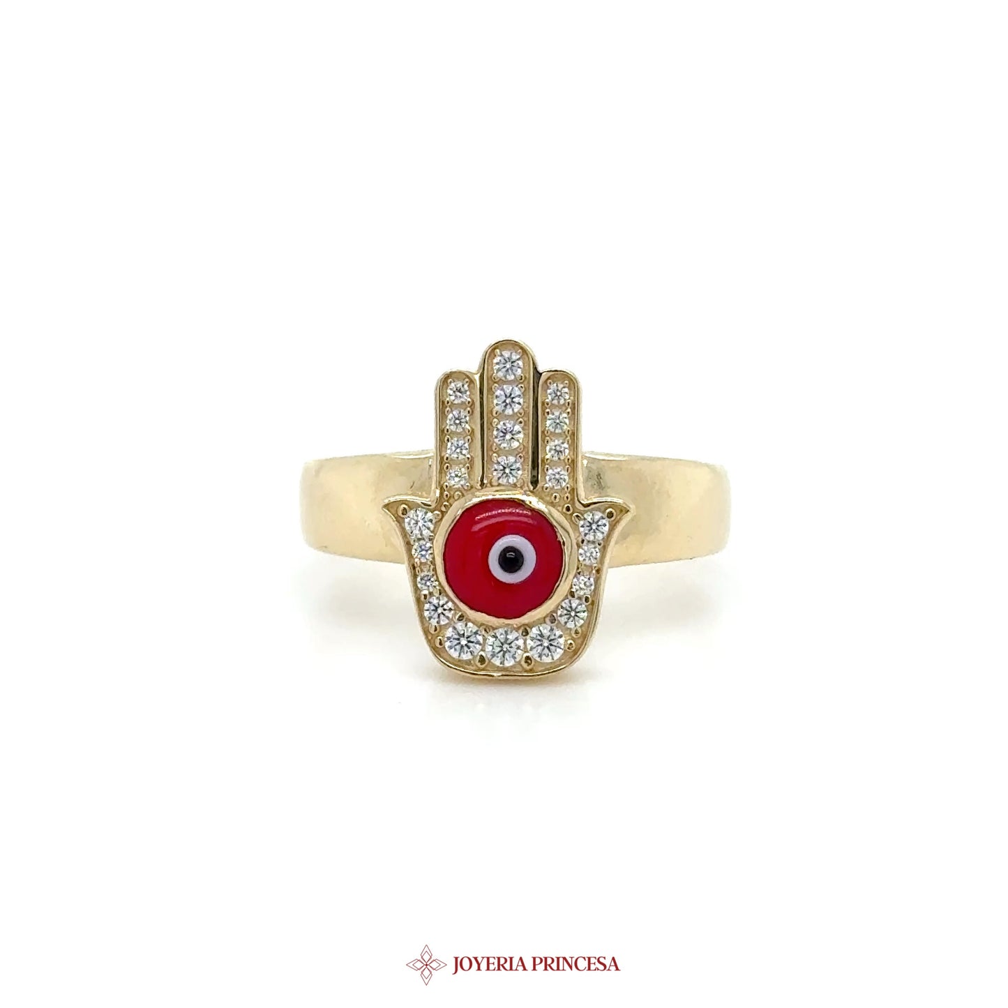 14K Gold Hamsa Ring with Red Center and CZ Stones
