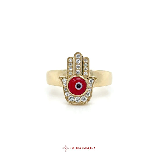 14K Gold Hamsa Ring with Red Center and CZ Stones