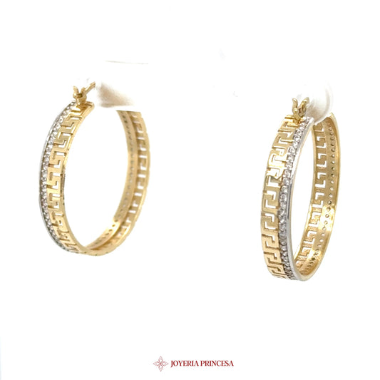14K Gold & White Gold Hoop Earrings with Greek Key Design