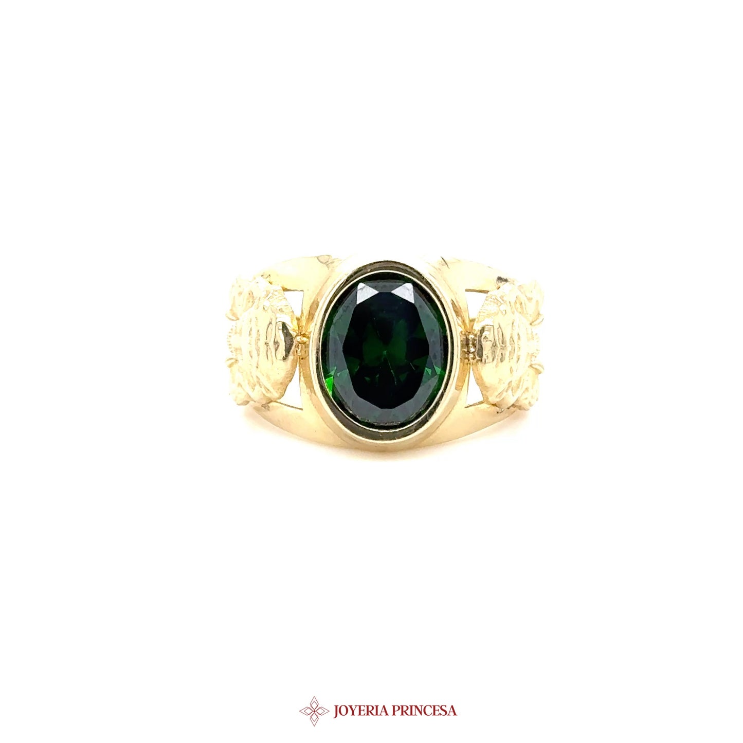 10K Gold Jesus Motif Ring with Green Stone