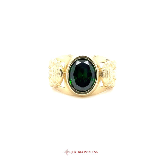 10K Gold Jesus Motif Ring with Green Stone