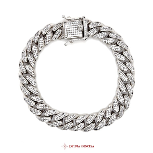 8.5in 11.5mm Silver Bracelet with Simulated Stones in Curb Link Design