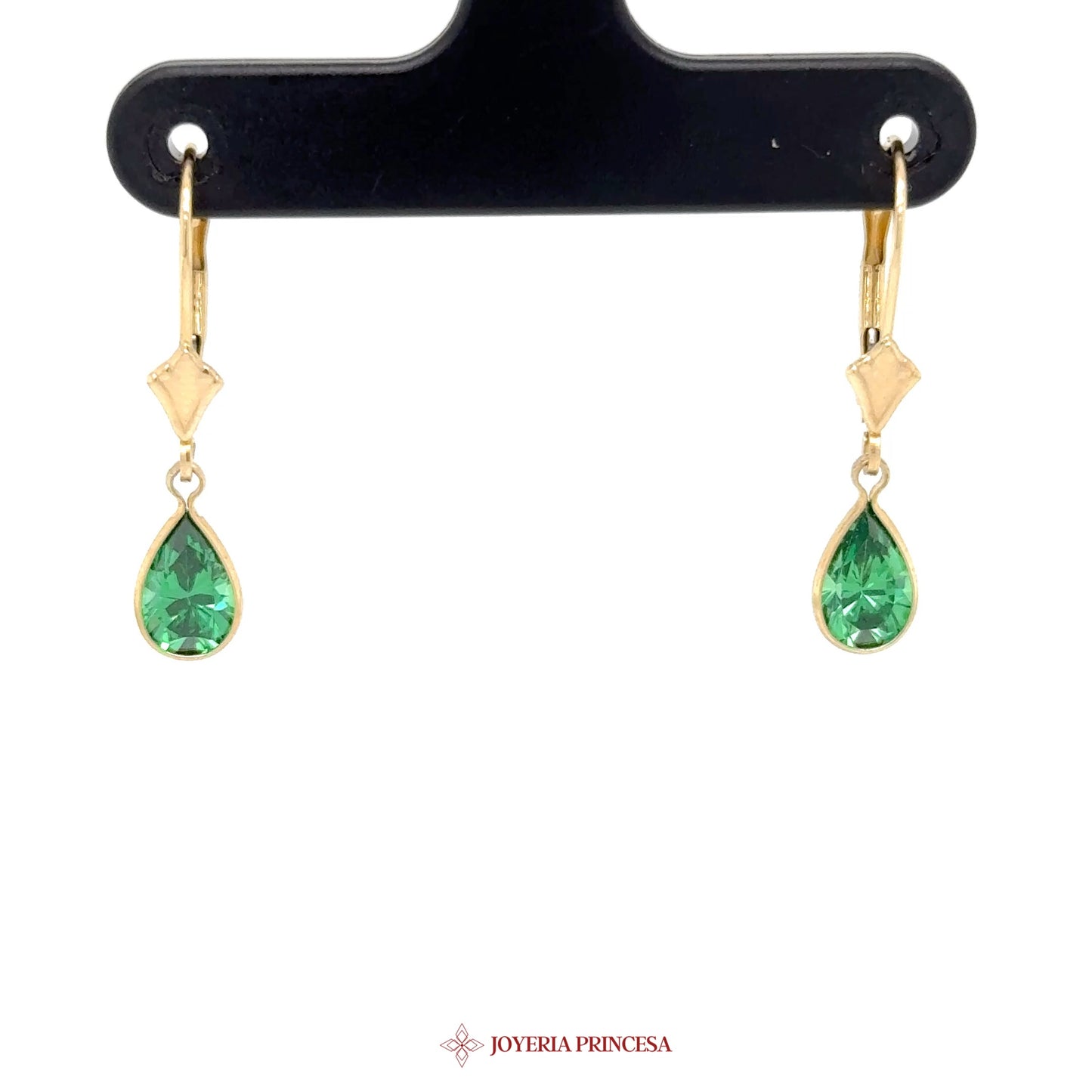 14K Gold Dangle Earrings with Green Teardrop Stones