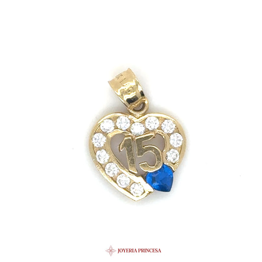 14K Heart Pendant with '15' Motif and Blue Stone