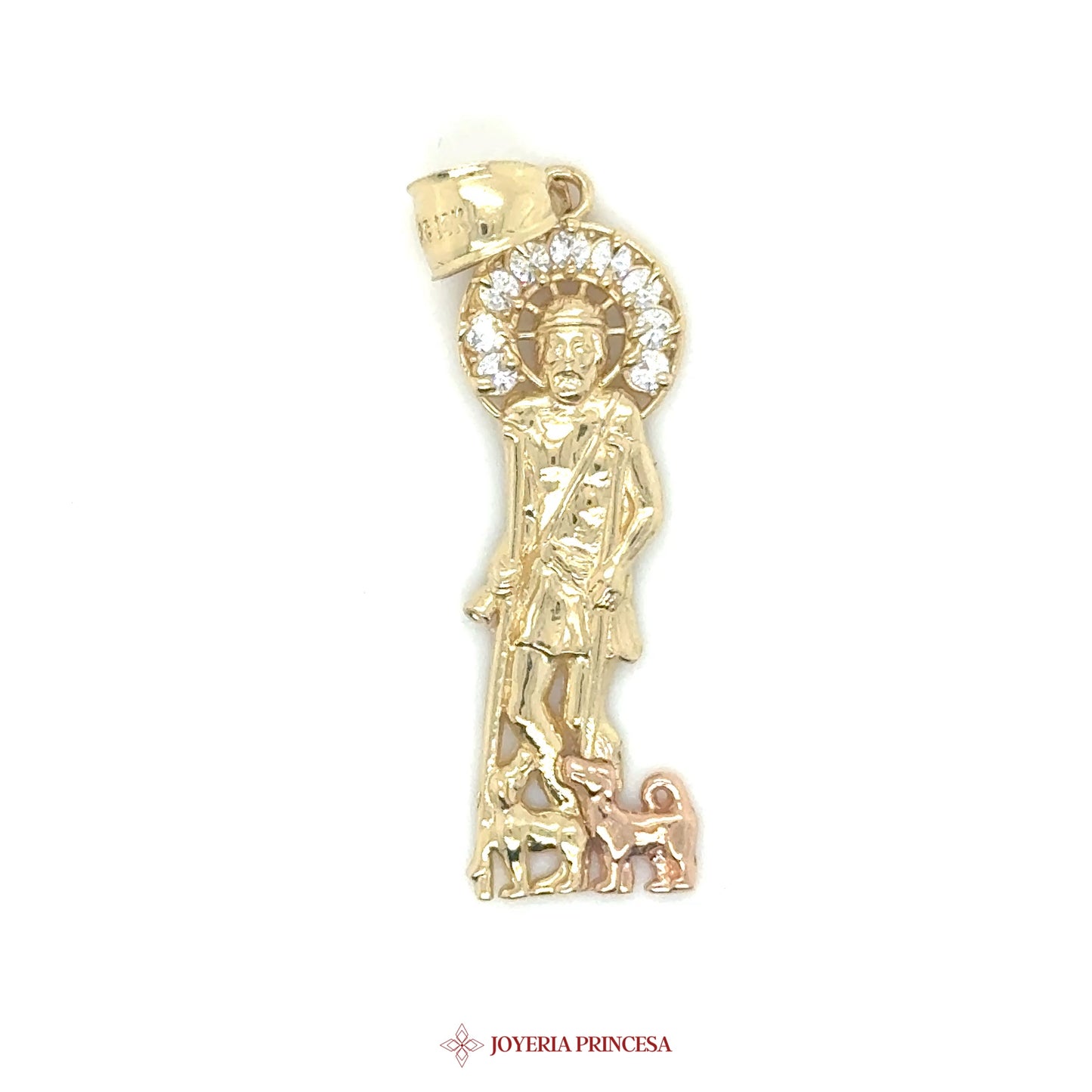 14K Pendant Virgen de Guadalupe with Dogs and CZ Stones