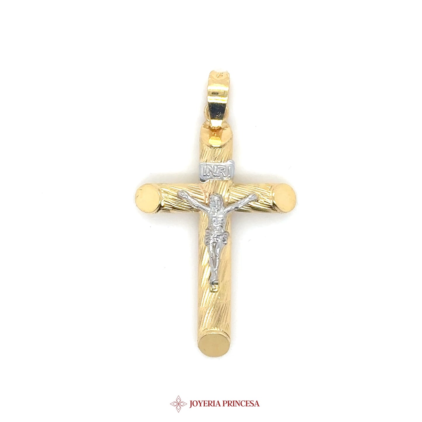 14K Gold Cross Pendant with Textured Finish and White Gold Jesus