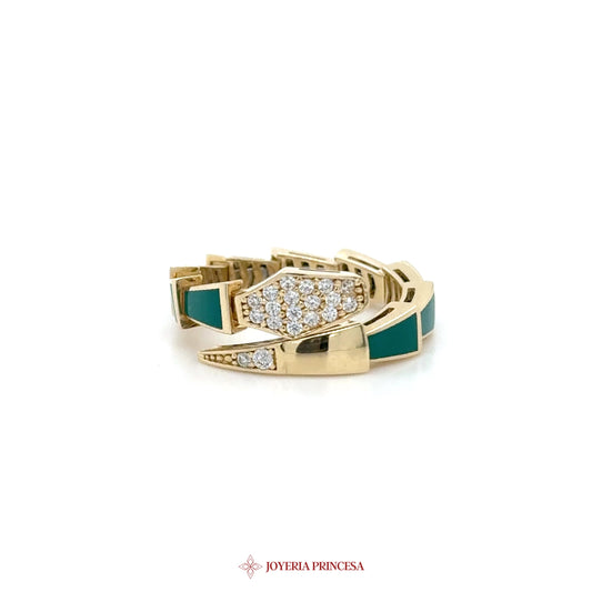 14K Gold Snake Motif Ring with Green Enamel and CZ Stones