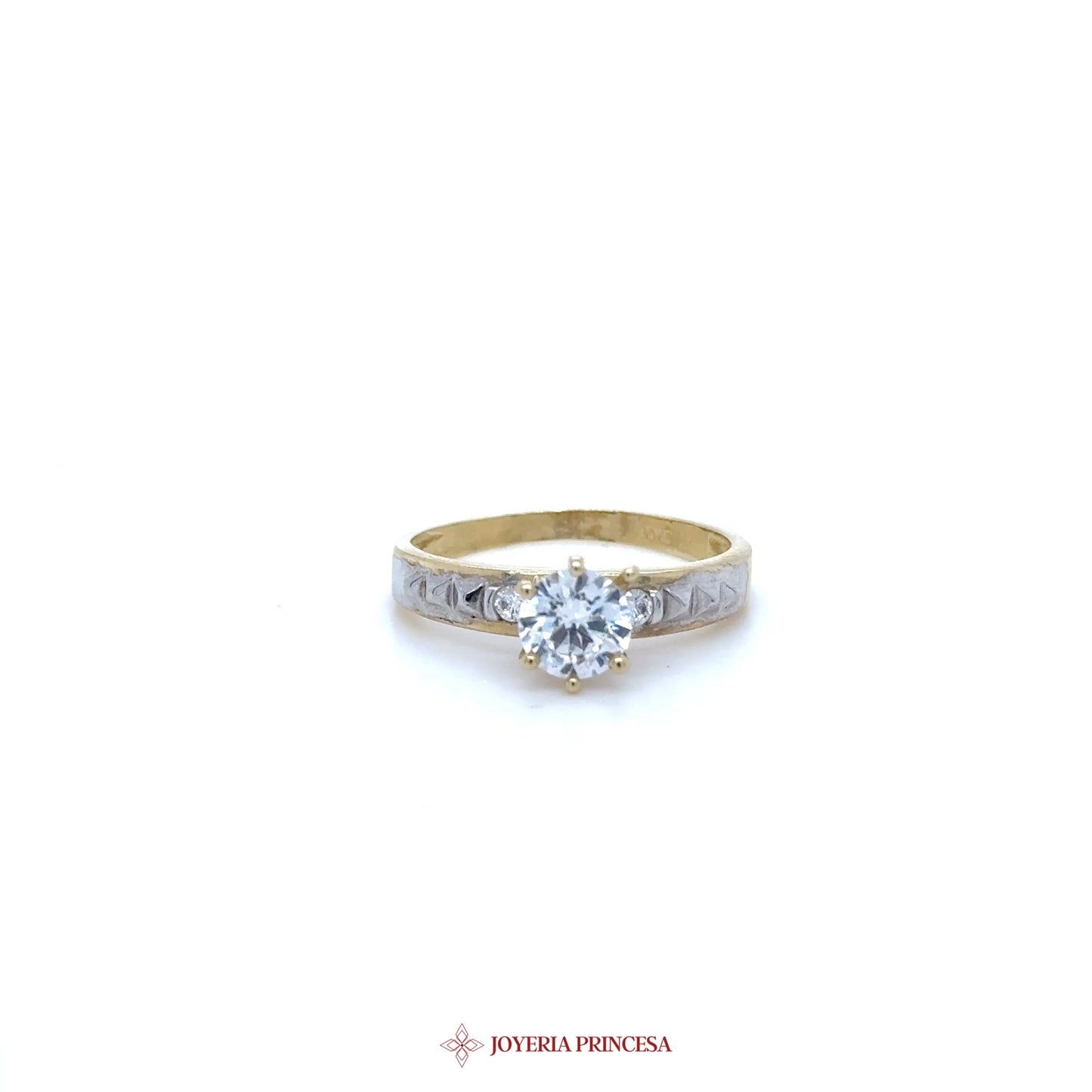 10K Gold Engagement Ring with CZ Center Stone and Detailed Band