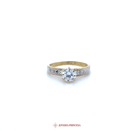 10K Gold Engagement Ring with CZ Center Stone and Detailed Band